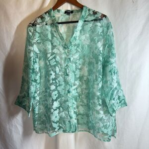Elementz‎ Top Women's Size XL Burnout Mint Green Lace Blouse Button Front Fairy